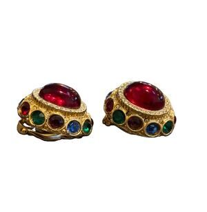 Vintage Sphinx Red Cabochon Multicolor Rhinestone Gold Clip Earrings*